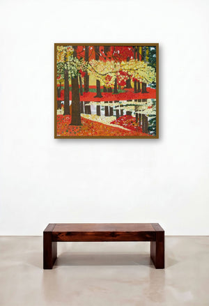 Tranquility (Autumn Forest) by artist Madhu Jain displayed in a Mid-Century Modern Family Room