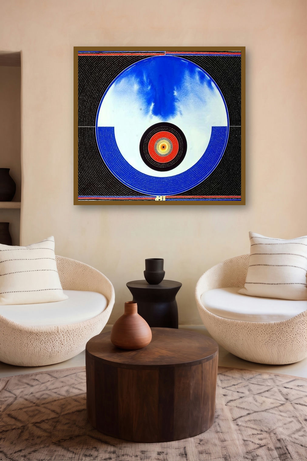 Transcendental Perceptions 1 (Blue Orb in Geometric Frame) by artist Bhiva Punekar displayed in a Contemporary Exhibition gallery