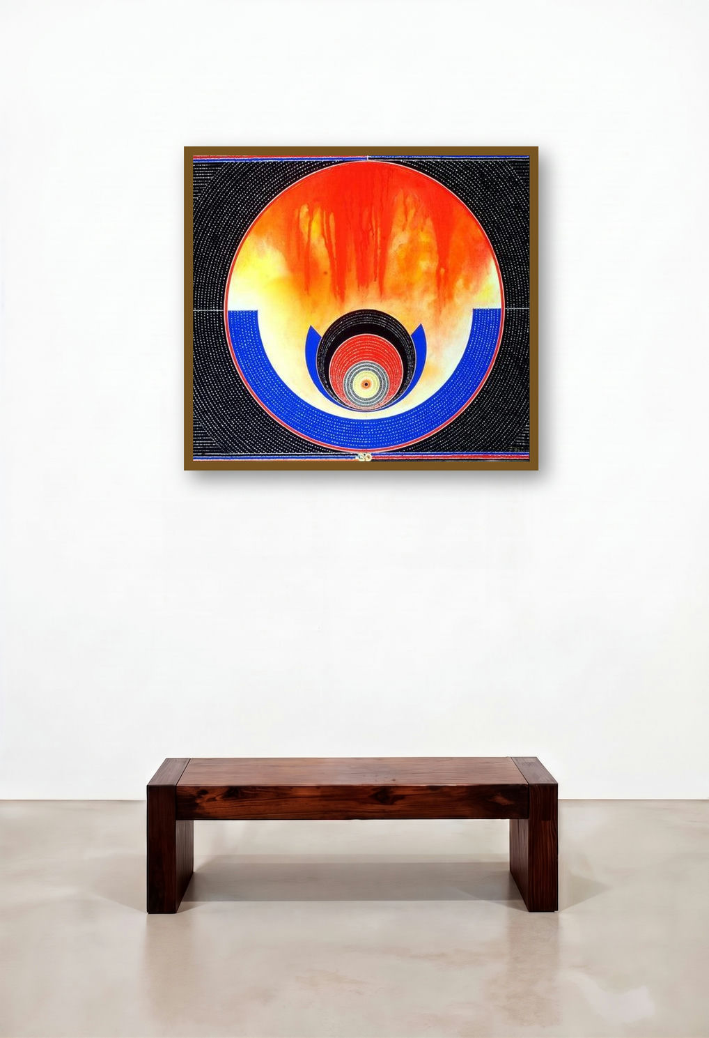 Transcendental Perceptions 2 (Fiery Orb in Geometric Frame) by artist Bhiva Punekar displayed in a Coastal Living Room