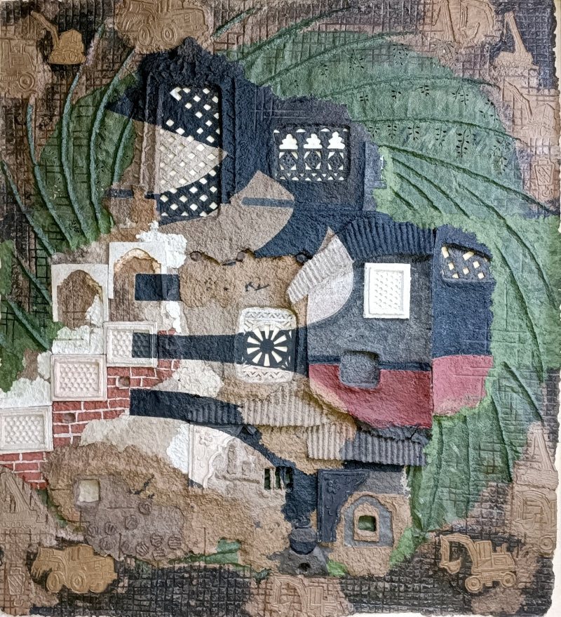 Transformation 2' contemporary mixed-media painting by artist Intaz Ansari, 44x40 inch, on paper pulp