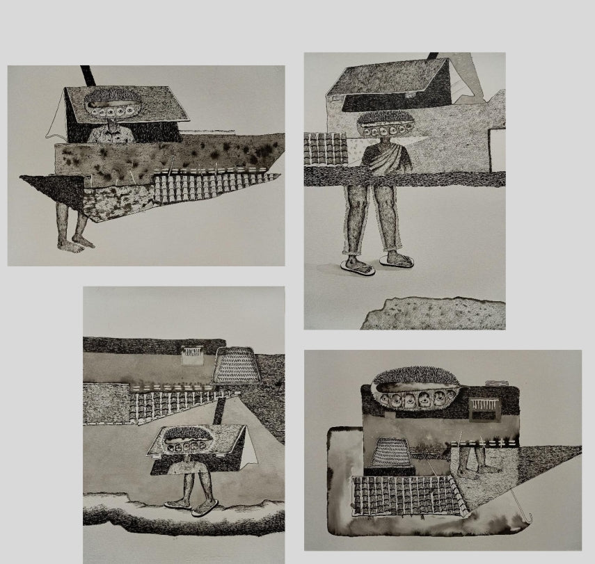 In Transit Stories Of Migration' contemporary ink drawing by artist Ashwin Khapare, 36x36 inch, on paper