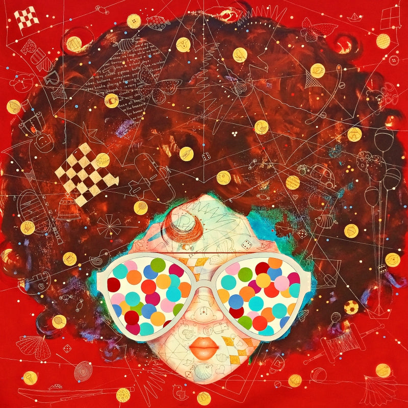 Treasure Of Childhood 28' figurative acrylic painting by artist Shiv Kumar Soni, 48x48 inch, on canvas