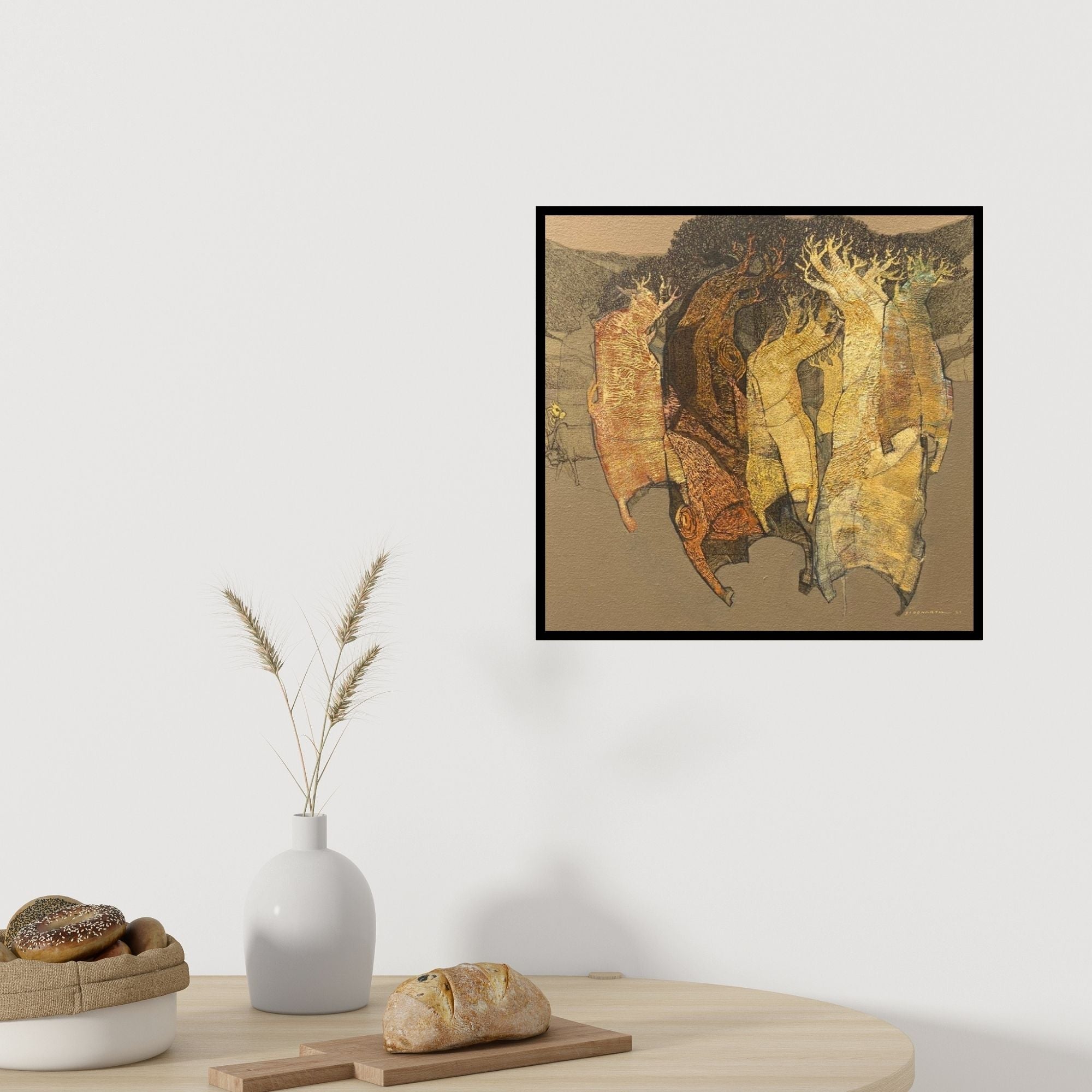 Preview of 'Tree (The Whispering Woods)' Painting by Siddharth Shingade shown on a wall in a furnished room.