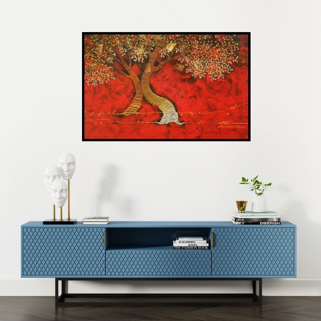 Preview of 'Tree 3 (Untitled)' Painting by Rahul Dangat shown on a wall in a furnished room.