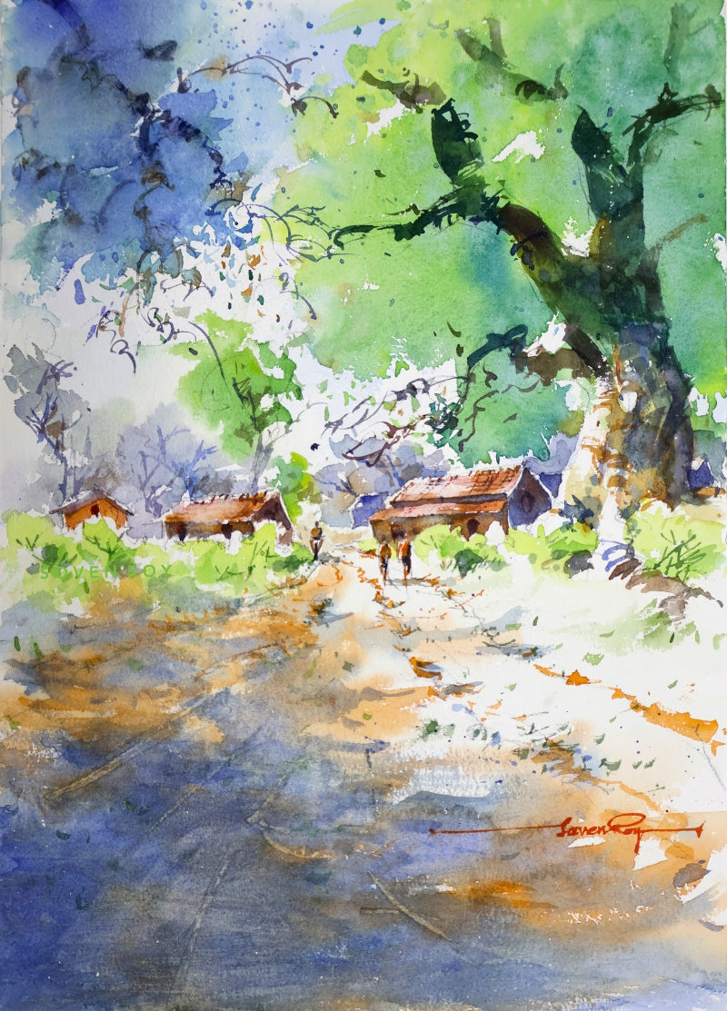 The Tree Has Seen More Than Us' landscape watercolor painting by artist Soven Roy, 14x10 inch, on paper