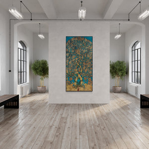 Preview of 'Tree Of Life (The Cosmic Tree)' Painting by Harinath N shown on a wall in a furnished room.