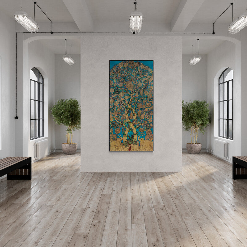 Preview of 'Tree Of Life (The Cosmic Tree)' Painting by Harinath N shown on a wall in a furnished room.