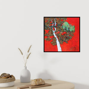 Preview of 'Treescape 10' Painting by Bhaskar Rao shown on a wall in a furnished room.