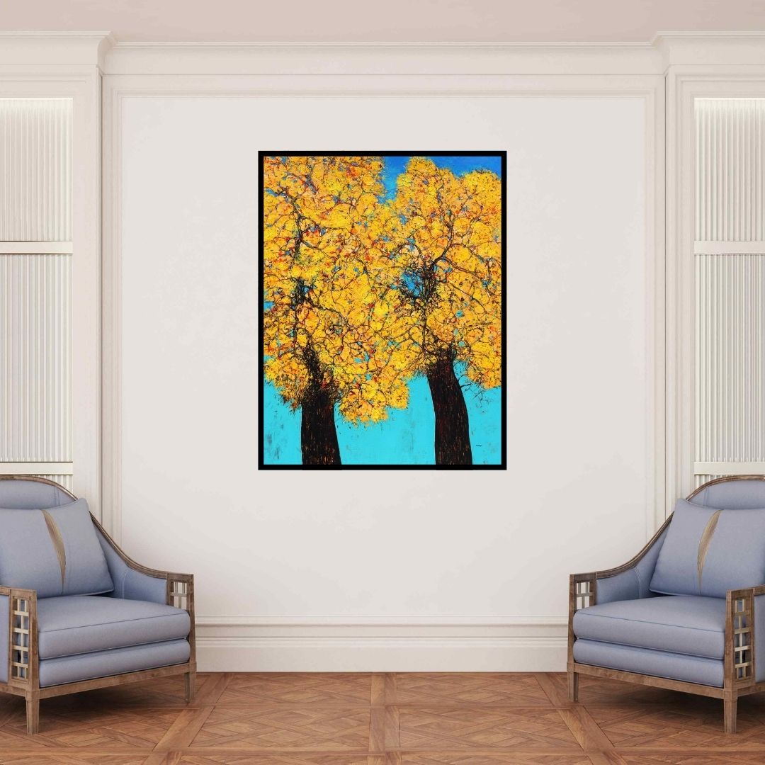 In-situ view of Bhaskar Rao's 'Treescape 106 (Golden Canopy)' painting in a room