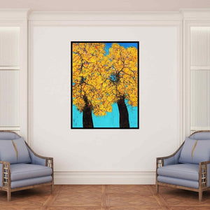 In-situ view of Bhaskar Rao's 'Treescape 106 (Golden Canopy)' painting in a room