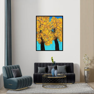 Preview of 'Treescape 106 (Golden Canopy)' Painting by Bhaskar Rao shown on a wall in a furnished room.