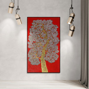 Preview of 'Treescape 111' Painting by Bhaskar Rao shown on a wall in a furnished room.