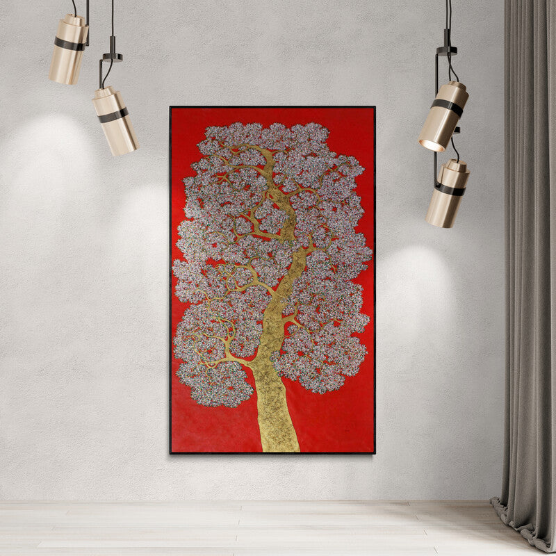 Preview of 'Treescape 111' Painting by Bhaskar Rao shown on a wall in a furnished room.