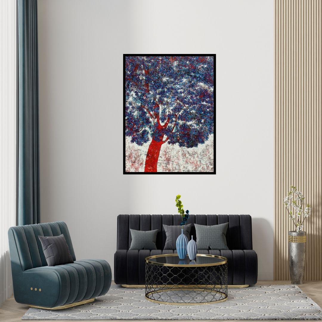 Preview of 'Treescape 56' Painting by Bhaskar Rao shown on a wall in a furnished room.