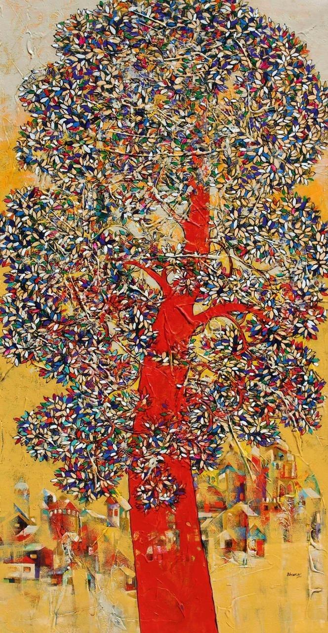 Nature acrylic painting titled 'Treescape 92', 48x24 inches, by artist Bhaskar Rao on Canvas