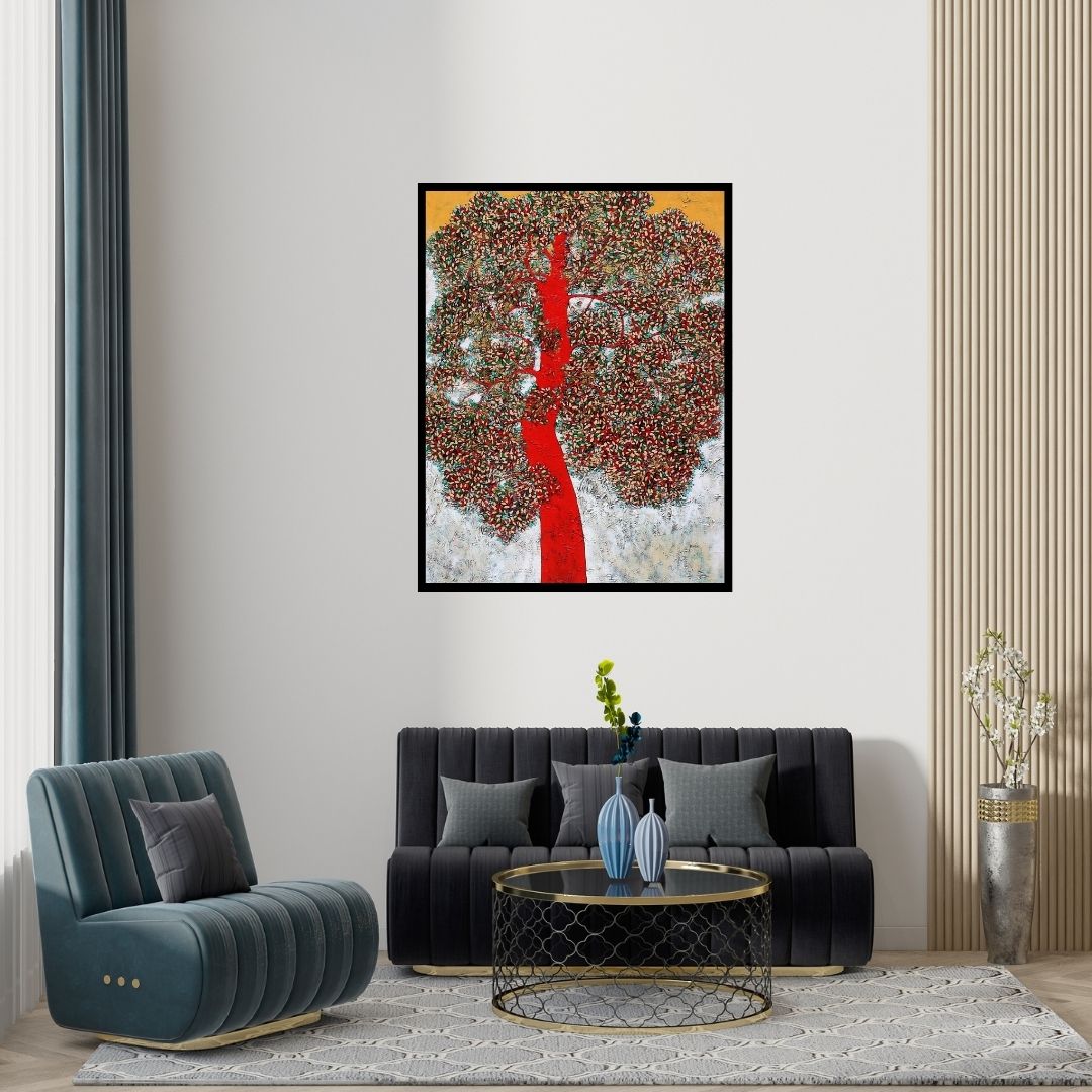 Preview of 'Treescape 96' Painting by Bhaskar Rao shown on a wall in a furnished room.