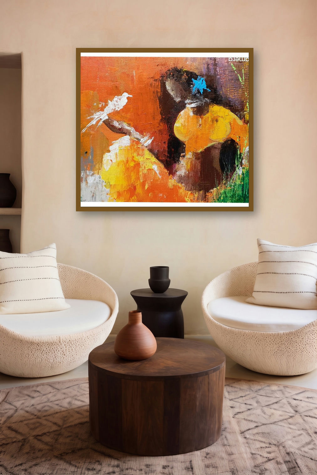 Tribal Beauty (Woman with Bird) by artist Rajaram S displayed in a Boutique gallery
