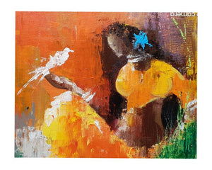 Tribal Beauty (Woman with Bird) by Rajaram S, Original Acrylic Figurative Painting on Canvas Board, X-Small Square Wall Art