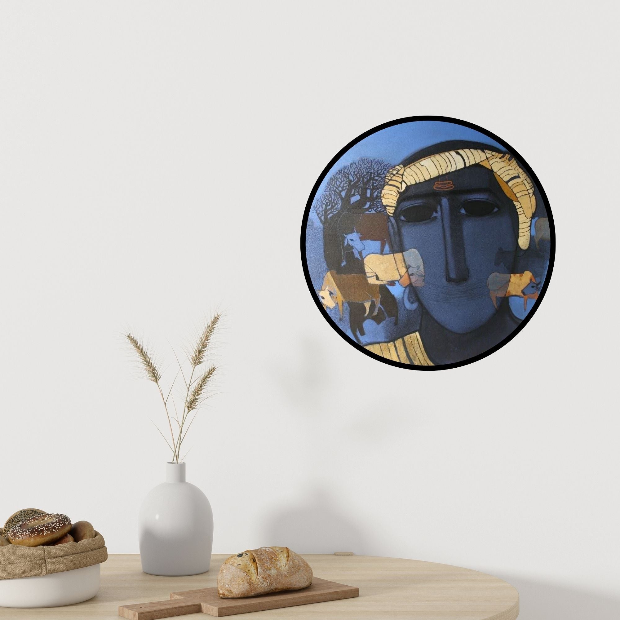 Preview of 'Tribal Boy Round' Painting by Siddharth Shingade shown on a wall in a furnished room.