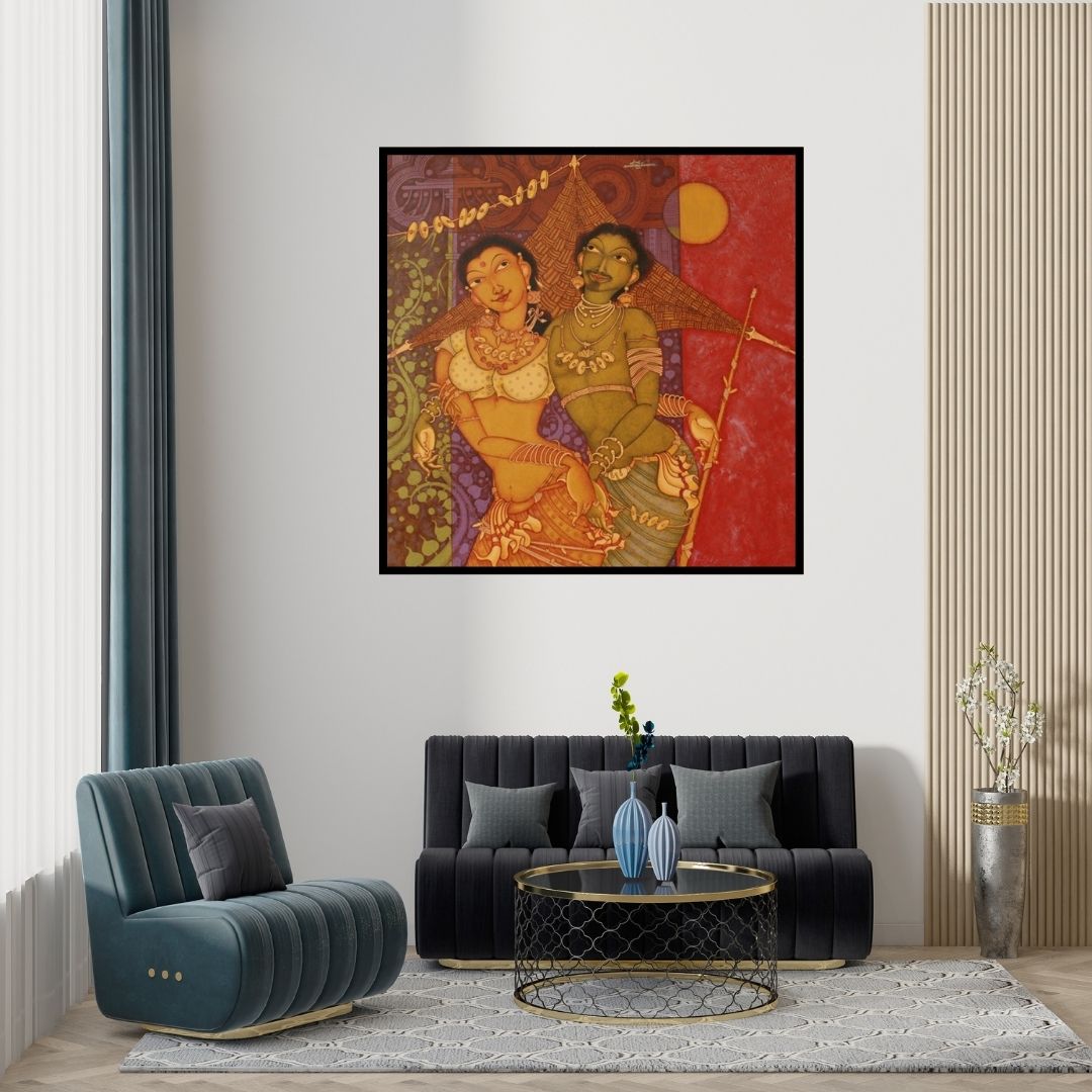 Preview of 'Tribal Couple' Painting by Manikandan Punnakkal shown on a wall in a furnished room.