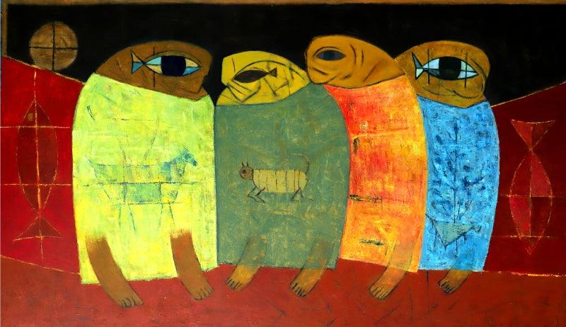 Figurative oil painting titled 'Tribal Family', 42x68 inches, by artist Umesh Bhoi on Canvas