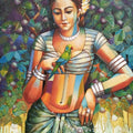 Figurative acrylic painting titled 'Tribal Girl With Bird', 24x20 inches, by artist Tamali Das on Canvas