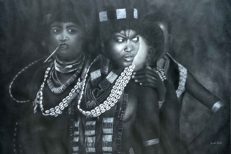 Tribal Glory' figurative charcoal drawing by artist Preeti Ghule, 24x34 inch, on paper