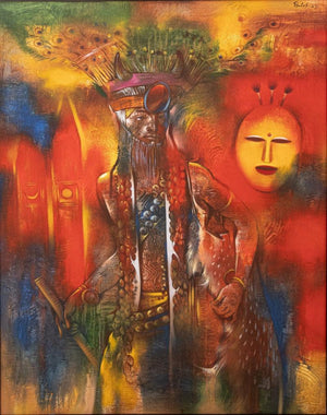 Religious acrylic painting titled 'Tribal Gond Dancer', 50x38 inches, by artist Balaji Ubale on Canvas