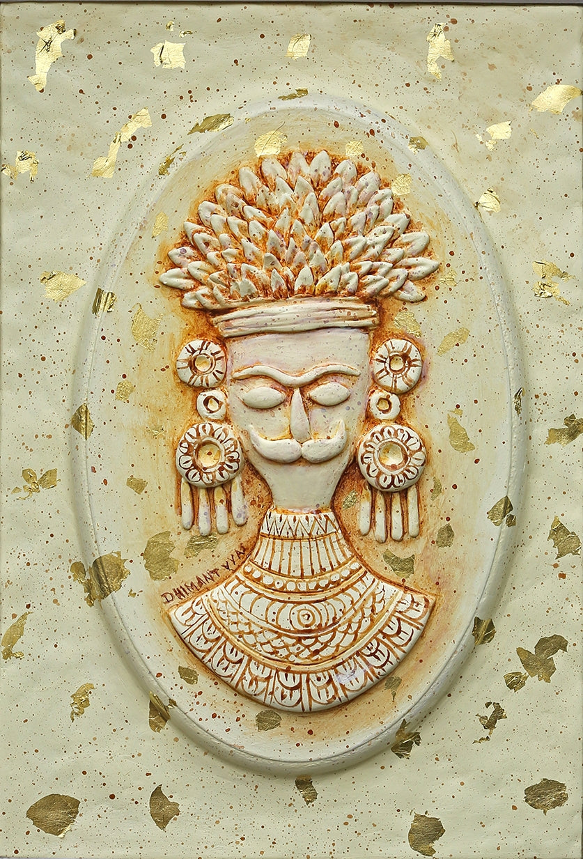Tribal King' figurative mixed-media painting by artist Dhimant Vyas, 17x13 inch, on board