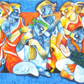 contemporary acrylic painting titled 'Tribal music band', 36x60 inches, by artist Uttam Manna on Canvas