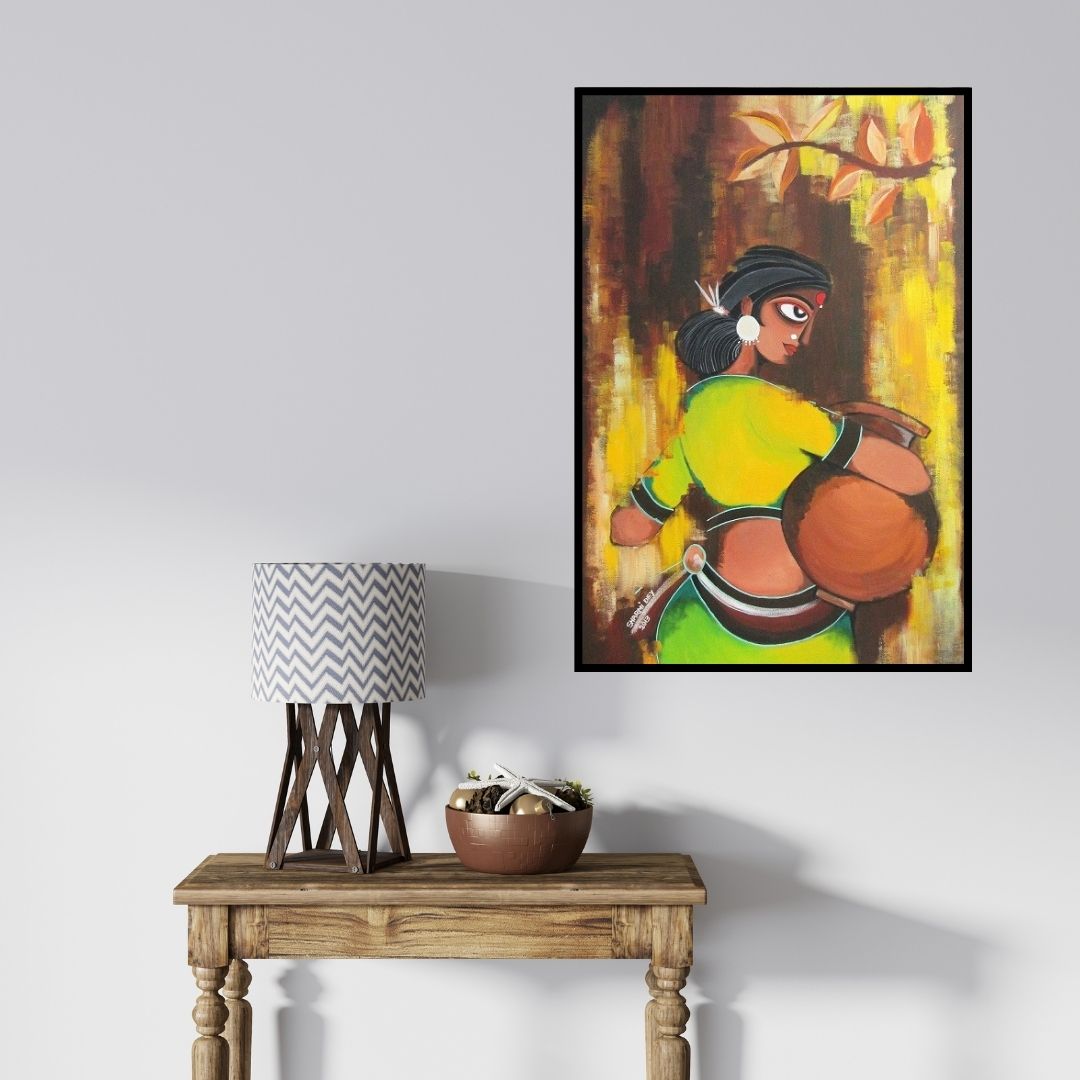 In-situ view of Sharmi Dey's 'Tribal Woman' painting in a room