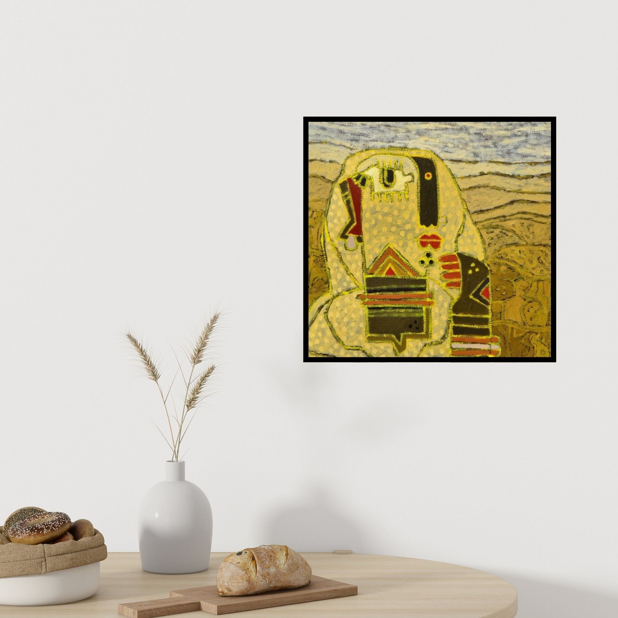 Preview of 'Tribal Women (Abstract Tribal Woman Portrait)' Painting by Anup Shrivastav shown on a wall in a furnished room.