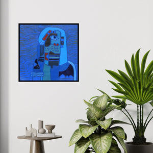 In-situ view of Anup Shrivastav's 'Tribal Women 3 (Abstract Figure in Blue Tones)' painting in a room