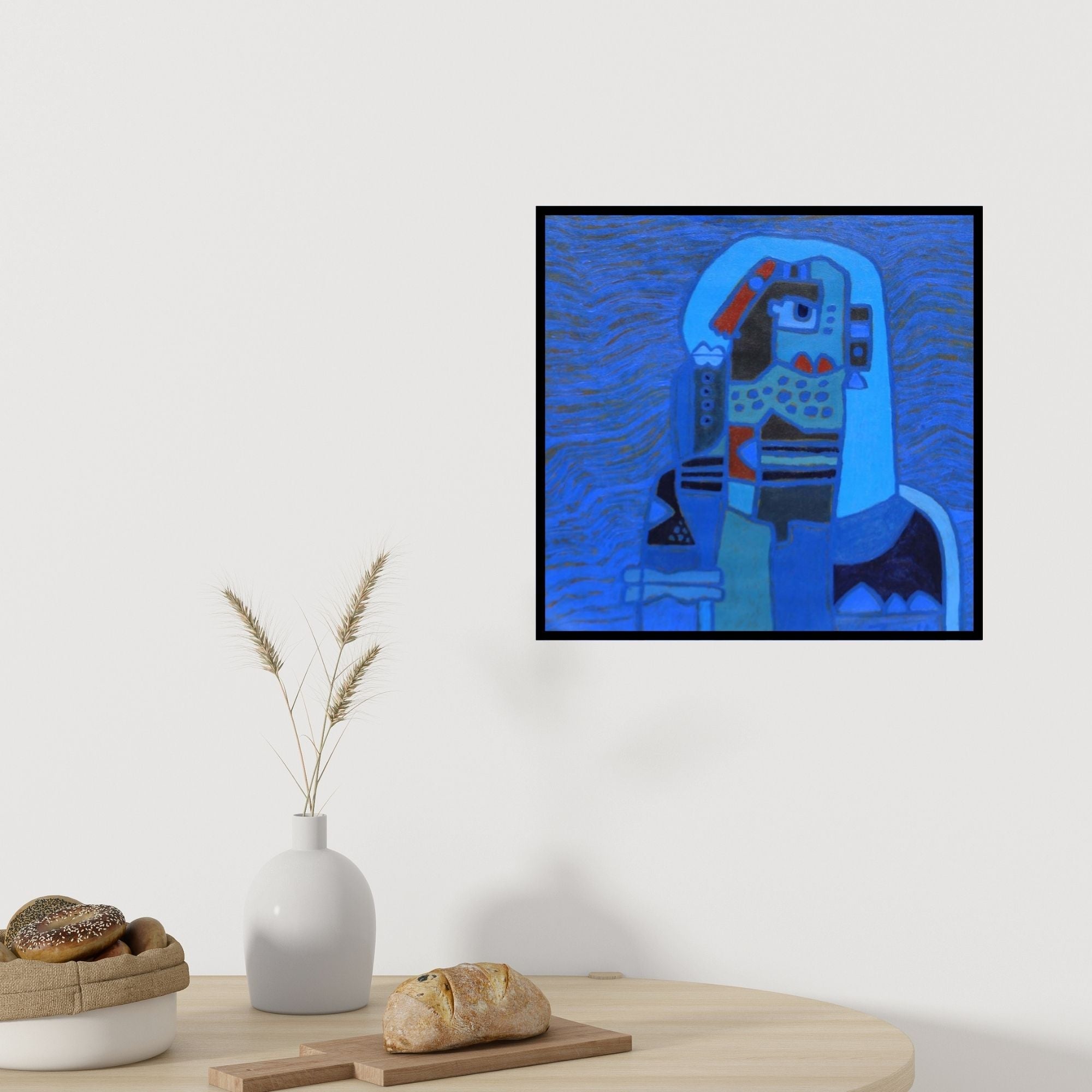 Preview of 'Tribal Women 3 (Abstract Figure in Blue Tones)' Painting by Anup Shrivastav shown on a wall in a furnished room.