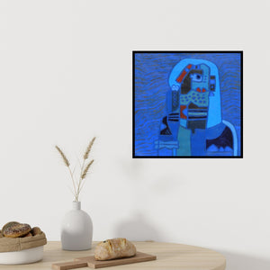 Preview of 'Tribal Women 3 (Abstract Figure in Blue Tones)' Painting by Anup Shrivastav shown on a wall in a furnished room.