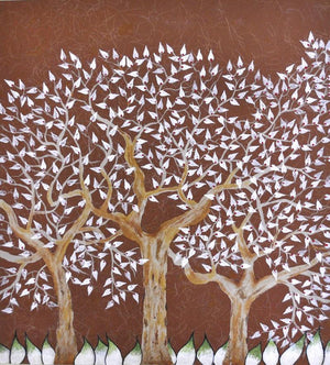 Tribhovan (The Whispering Trees) by Sumit Mehndiratta, Original Oil Nature Painting on Paper, Small Vertical Wall Art