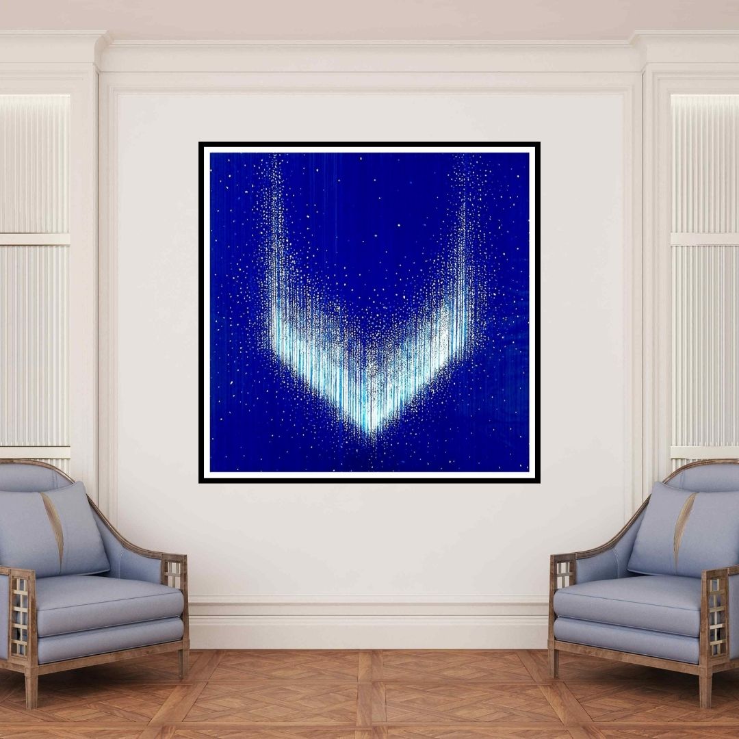 In-situ view of Ekta Sharma's 'Trickle Down' painting in a room