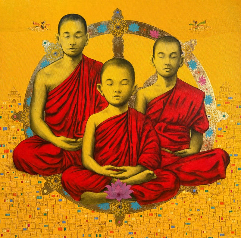 Trinity In Serenity' religious mixed-media painting by artist Yashpal Kamble, 48x48 inch, on canvas