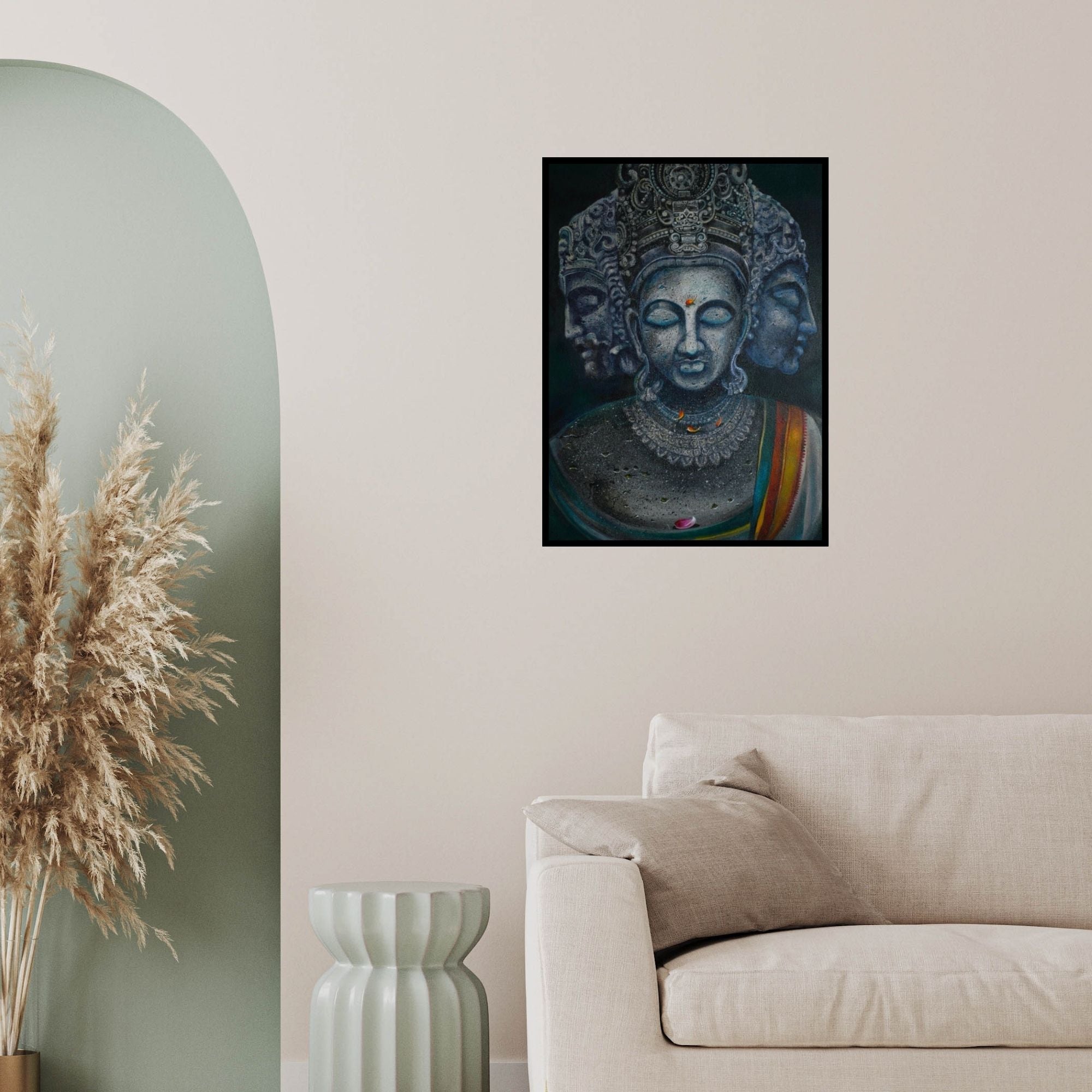 In-situ view of Sumon Naskar's 'Trinity (The Fourfold Vision)' painting in a room