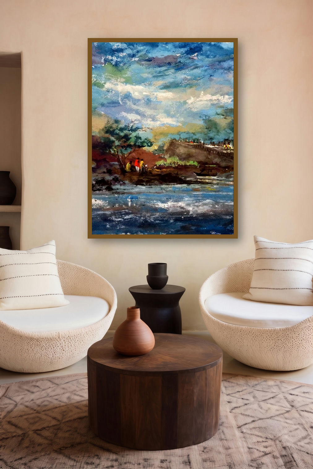 Trip (Riverside Gathering) by artist Dnyaneshwar Dhavale displayed in a Modern gallery