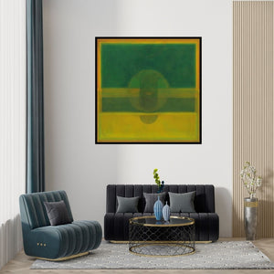 Preview of 'Triratha (Intersecting Planes)' Painting by Khushal Khairnar shown on a wall in a furnished room.