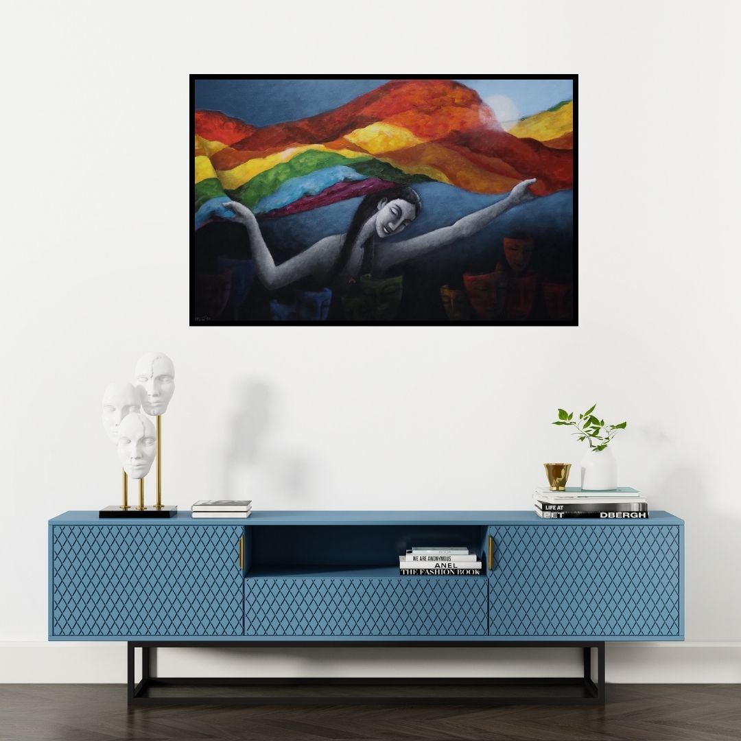 Preview of 'True Dreams' Painting by Uttam Bhattacharya shown on a wall in a furnished room.