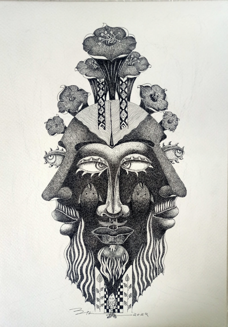 'True Face' contemporary pen-ink drawing by artist Vinay Amber, 12x8 inch, on paper