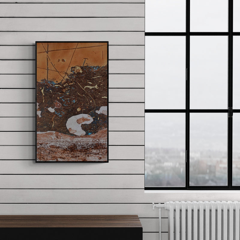 Preview of 'T’S A Kind Of Penetration' Painting by Murali Chinnasami shown on a wall in a furnished room.