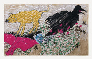 Tsunami In The Temple Town (Crow, Dog, and the Fallen Man) by Amit Ambalal, Serigraph Serigraphs Contemporary Painting on Paper, X-Large Horizontal Wall Art
