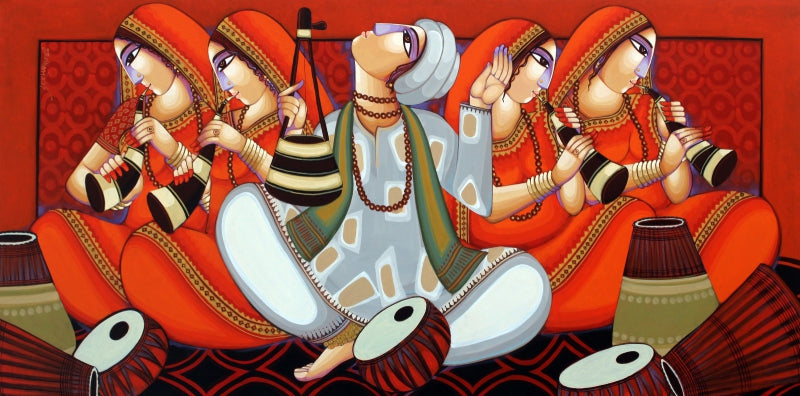 Tune Of Bengal' figurative acrylic painting by artist Sekhar Roy, 36x72 inch, on canvas