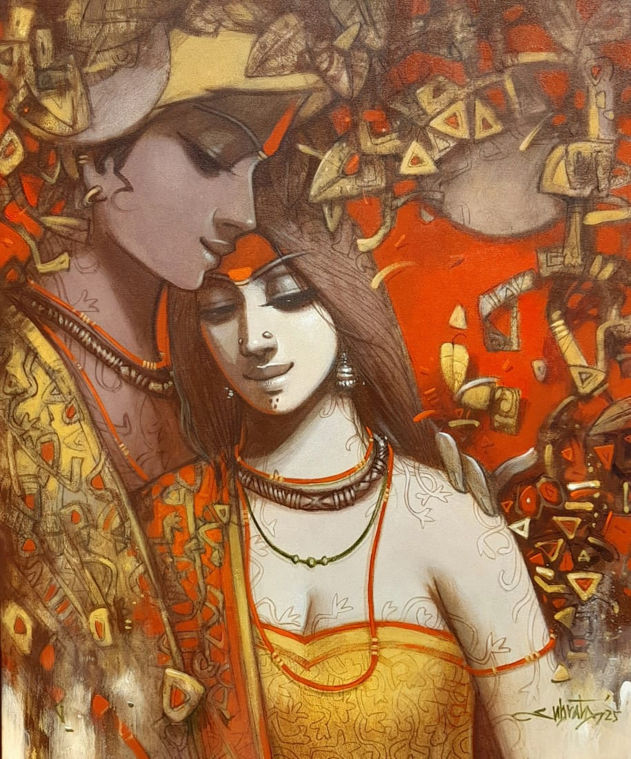 Tune Of Love' figurative acrylic painting by artist Subrata Das, 36x30 inch, on canvas