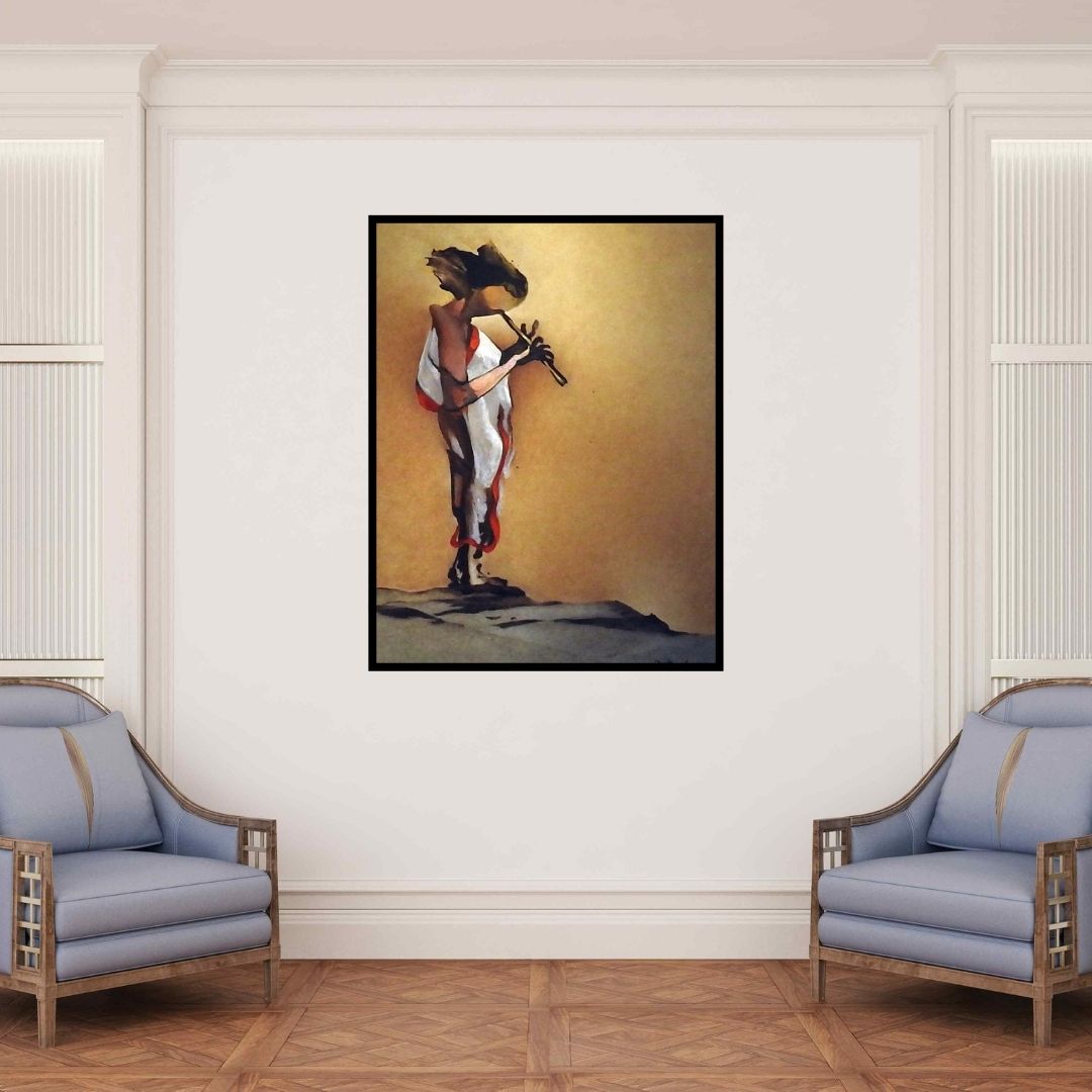 In-situ view of Tirthankar Biswas's 'In Tune (Flute Player)' painting in a room