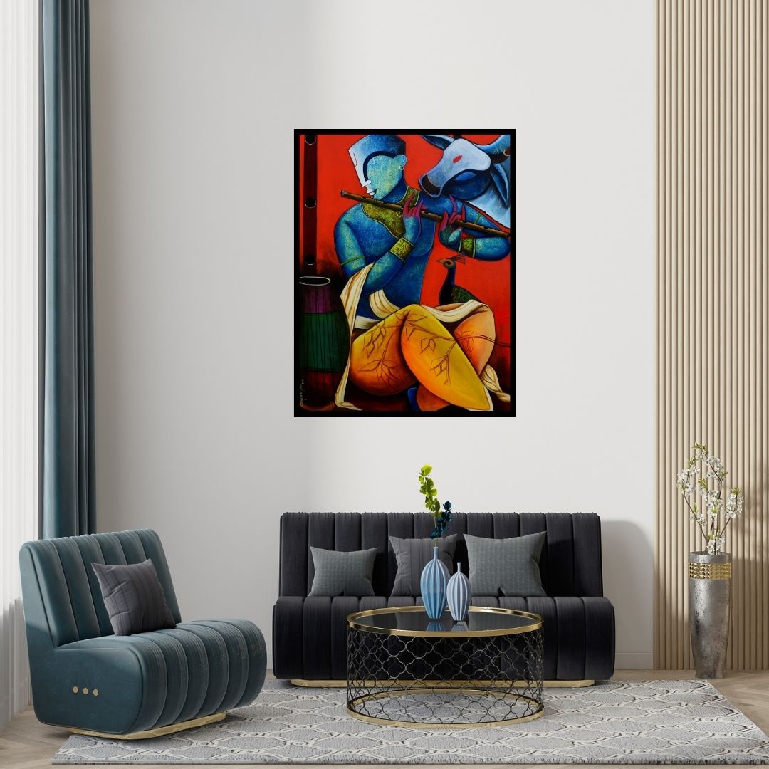 Preview of 'Tunes Of Nature (The Divine Flutist: Krishna and His Companions)' Painting by Anupam Pal shown on a wall in a furnished room.