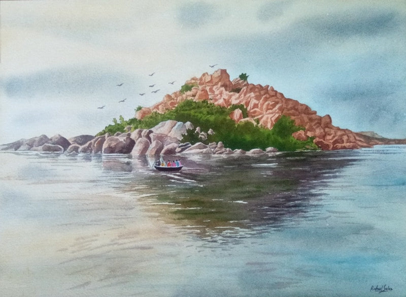Tungabhadra River Hampi' seascape watercolor painting by artist Rahul Salve, 10x14 inch, on paper
